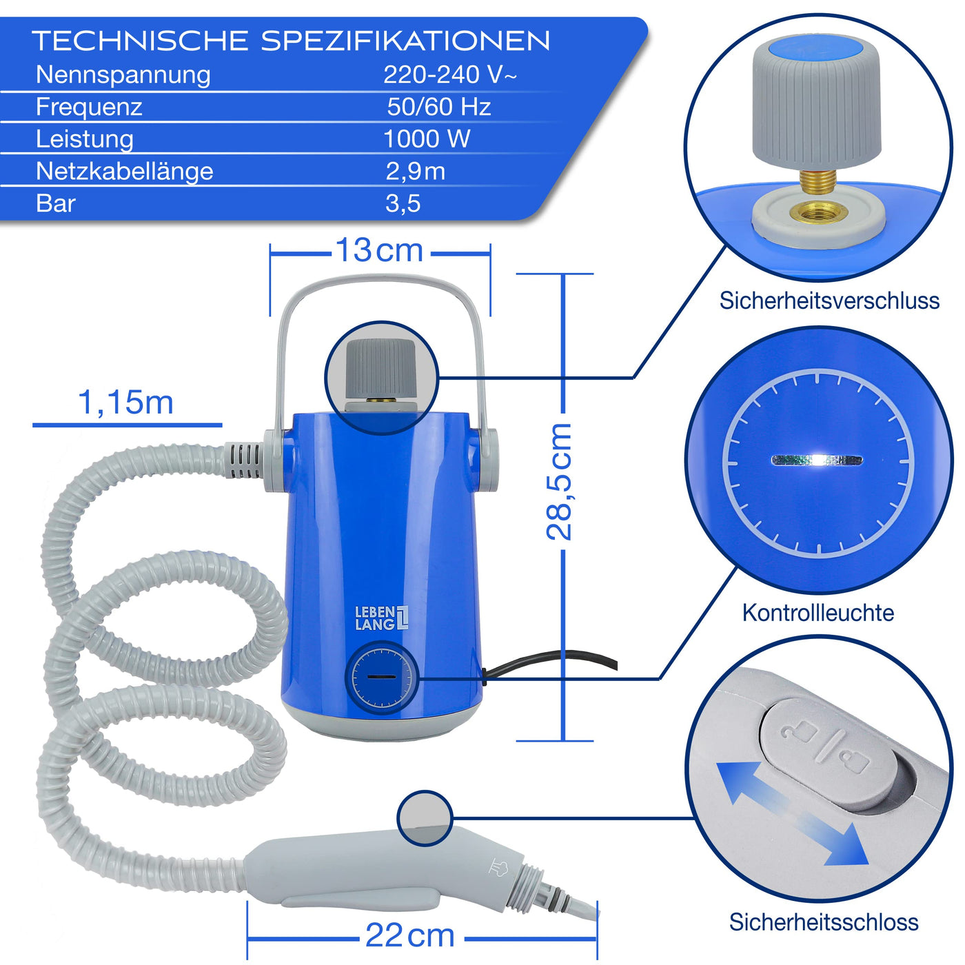 LEBENLANG Elektrischer Dampfreiniger Handgerät Steam Cleaner - 1000W & 300ml + 10x Zubehör | Handdampfreiniger Dampf Reiniger Auto Heißluft Fugenreiniger für Bad Fliesen und Fugen Gerät Polstermöbel