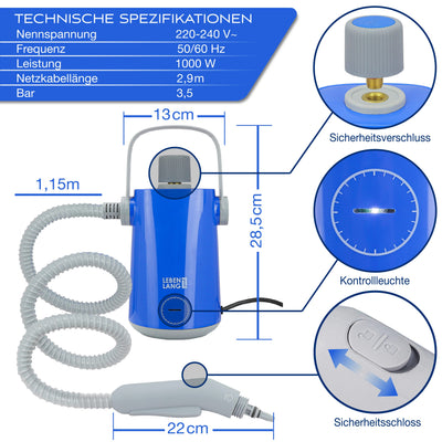 LEBENLANG Elektrischer Dampfreiniger Handgerät Steam Cleaner - 1000W & 300ml + 10x Zubehör | Handdampfreiniger Dampf Reiniger Auto Heißluft Fugenreiniger für Bad Fliesen und Fugen Gerät Polstermöbel