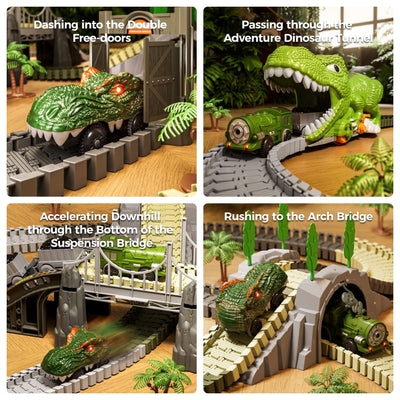 TUMAMA KIDS Dinosaurier Spielzeug Rennstrecke,281 Stück Dinosaurier Zug Spielzeug für Kinder 3 4 5 6,Flexible Eisenbahnschienen mit 4 Dinosauriern,2 Elektrische Rennwagen mit Lichtern