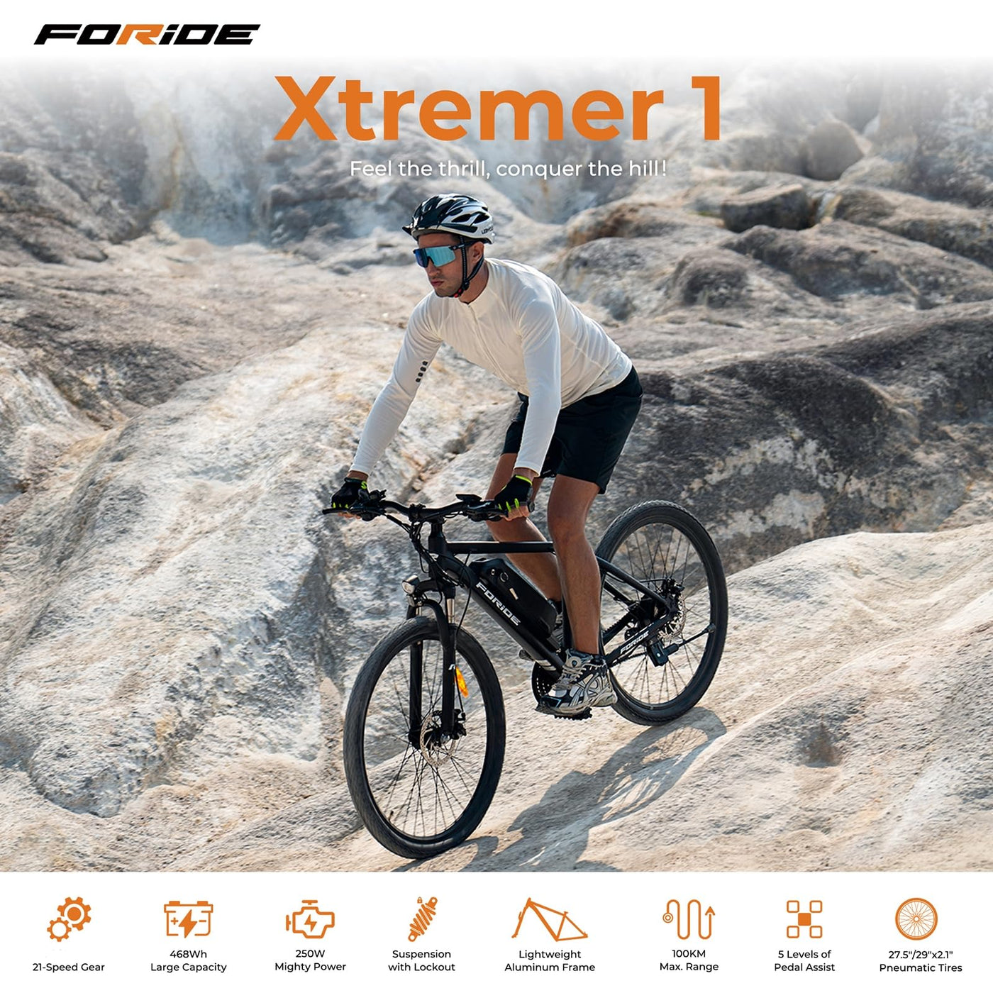 Foride Xtremer 1 29'' E-Bike für Erwachsene，21 Gang Elektrofahrrad mit Austauschbarem 36V 13Ah Akku, und 100km Reichweite E Bike Herren Damen für Städtische Pendler und Fahrten im Freien (Zoll, 29)