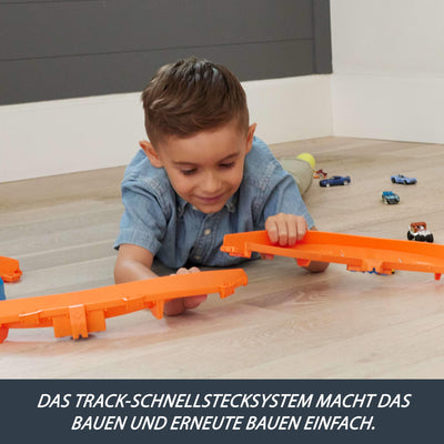 Hot Wheels Spielzeugauto Streckenset, Deluxe-Bauset mit motorisiertem Beschleuniger, Fahrzeug im Maßstab 1:64, Track-Schnellstecksystem, Beschleuniger-Sprung-Schnellstrecke,JDB49