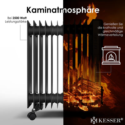 KESSER® Ölradiator Elektrische Heizung mit 13 Rippen 2500W Öl Radiator Elektroheizung Mobil Timer Lüfter Abschaltautomatik stufenlose Temperaturregelung Überhitzungsschutz, Zwangsluft Schwarz
