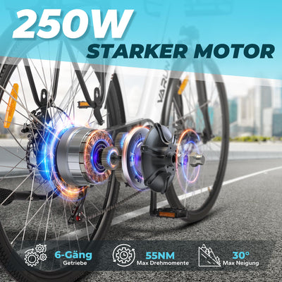 VARUN E-Bike Damen 28 Zoll City Bike Tiefeinsteiger | 36V 360Wh Akku | Drehmomentsensor | 3 Modi, 6-Gang, LCD | CE, mit Korb & Gepäckträger | 90% vormontiert