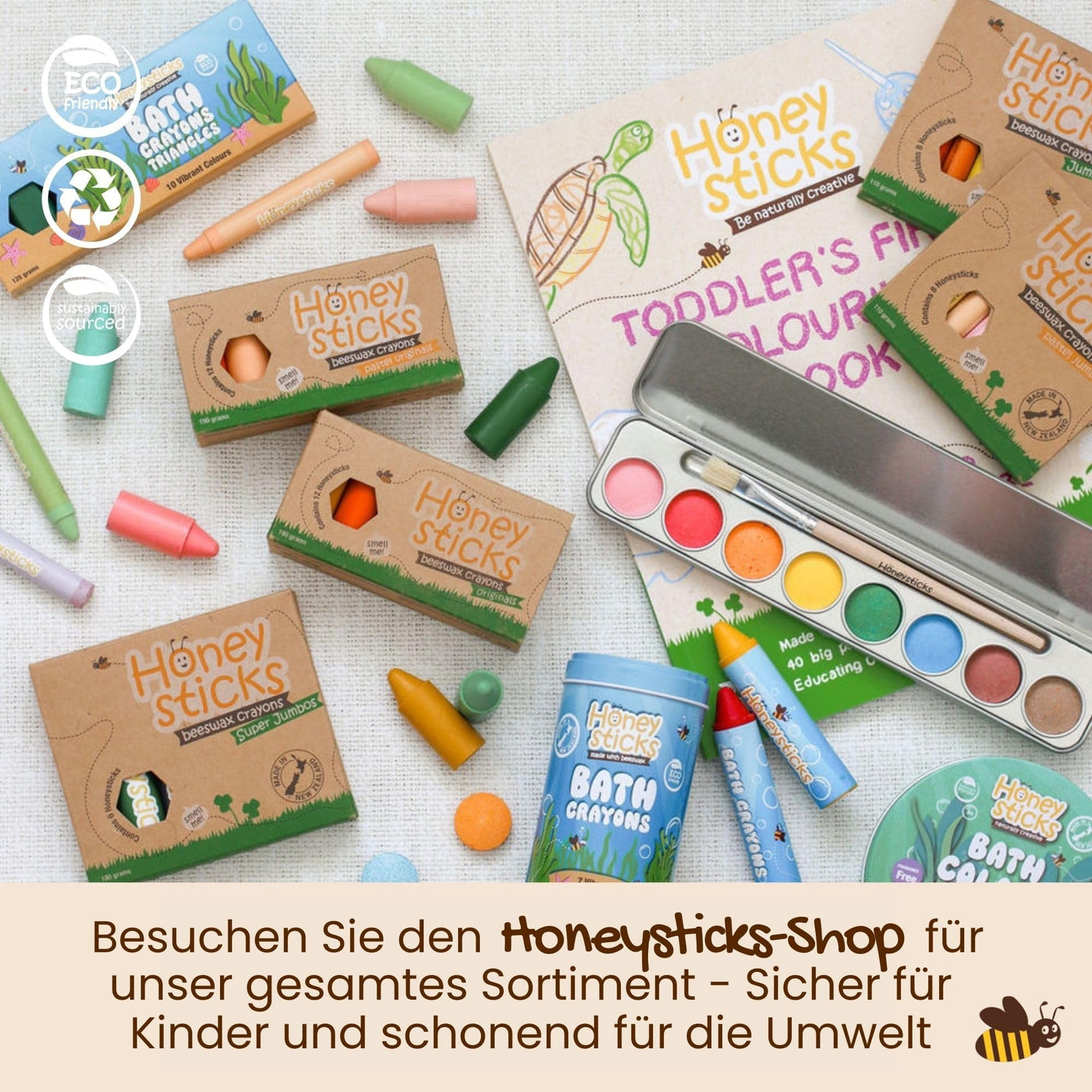 Honeysticks Wachsmalstifte (12er-Pack) - Ungiftige Babymalstifte aus Natürlichem Bienenwachs, Wachsmalstifte Ab 1 Jahr, Leicht zu Greifende Buntstifte Baby, Umweltschonend und Kleinkindfreundlich