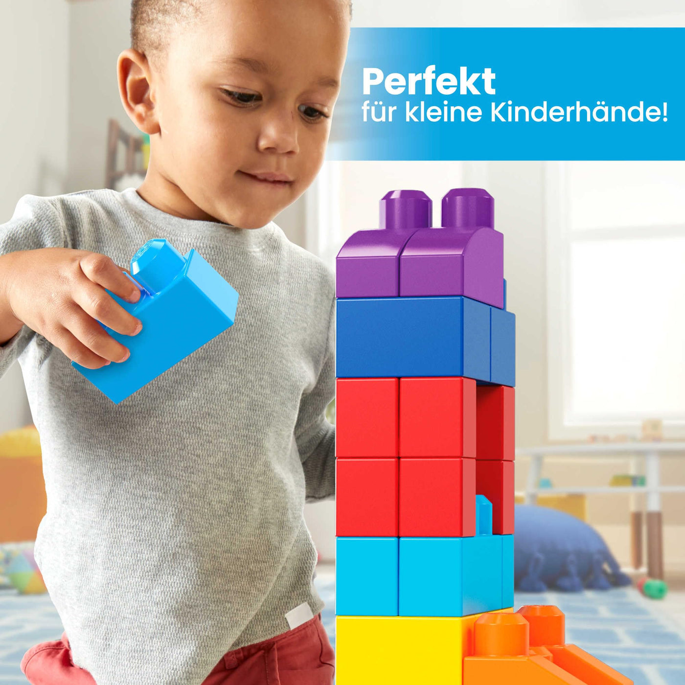 MEGA BLOKS Fisher-Price Bausteine für Kleinkinder, großer Bausteinebeutel mit 80 Teilen und Aufbewahrungsmöglichkeit, Blau, Geschenkideen für Kinder ab 1 Jahr, DCH63