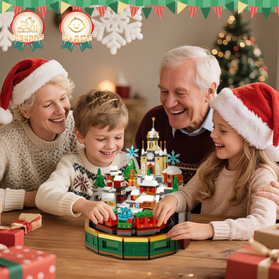 Charmofun Weihnachtsschloss Bausatz, Weihnachten Bauspielzeug Rotierbar mit Licht und Musik, Weihnachtsdorf Achterbahn Bausteine mit Weihnachtsbaum Zug für Erwachsene Kinder Jahren 8+