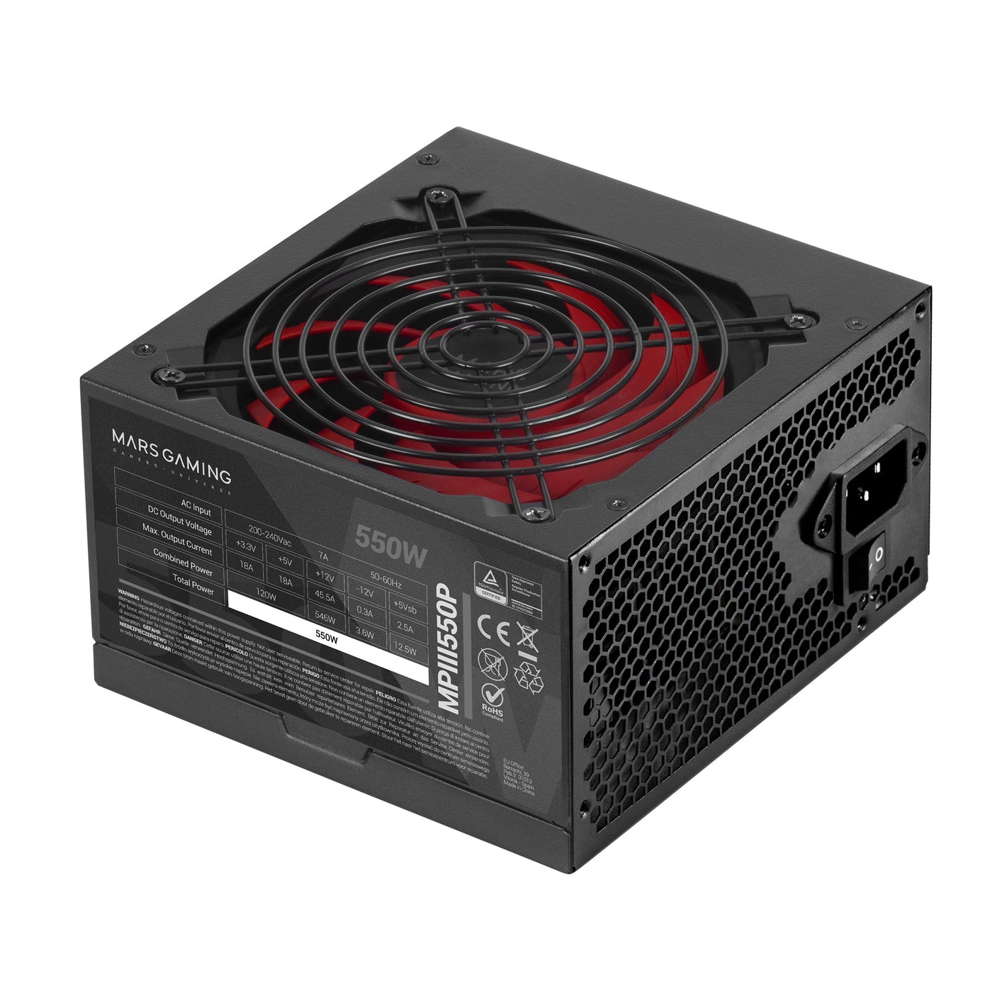MARSGAMING MPIII550P, PC-Netzteil ATX 550W, 5 Jahre Garantie, 85% Effizienz, Digitales APFC-System, 120mm FDB-Lüfter mit AI-RPM, DC-DC- und SMD-Technologie, extra Lange Flachkabel, Schwarz