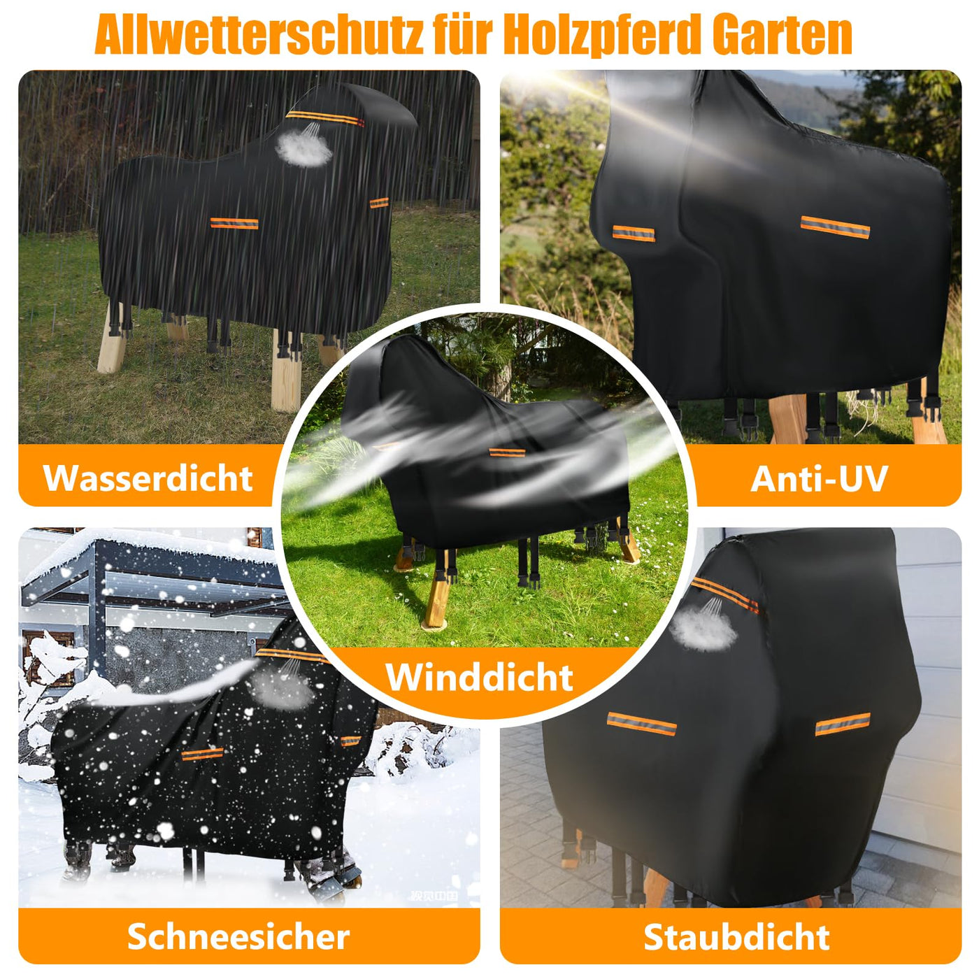 Abdeckung für Holzpferd Wasserdicht Outdoor, 420D Oxford Holzpferd für Draußen Abdeckplanen, UV-beständig Universal Garten-pferd Abdeckplane mit Wasserdichten Streifen & 5 Reflektierenden Streifen