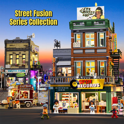 FUNWHOLE Skate Shop Bausteine Set mit LED Licht, 1573 PCS Bauklötze Straße Fusion Modell Klemmbausteine Spielzeug für Erwachsene und Jugendliche