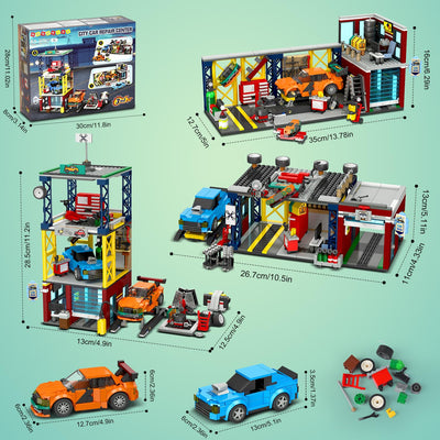HOGOKIDS 3 IN 1 City Auto Garage Bausteine, 1022 Teiles Technik Autowerkstatt, Waschanlage, Werkstatt mit 2 Autos Bausatz Mechanic Reparatur Baustelle Spielzeug Geschenk für 10+ Jungen Kinder Mädchen