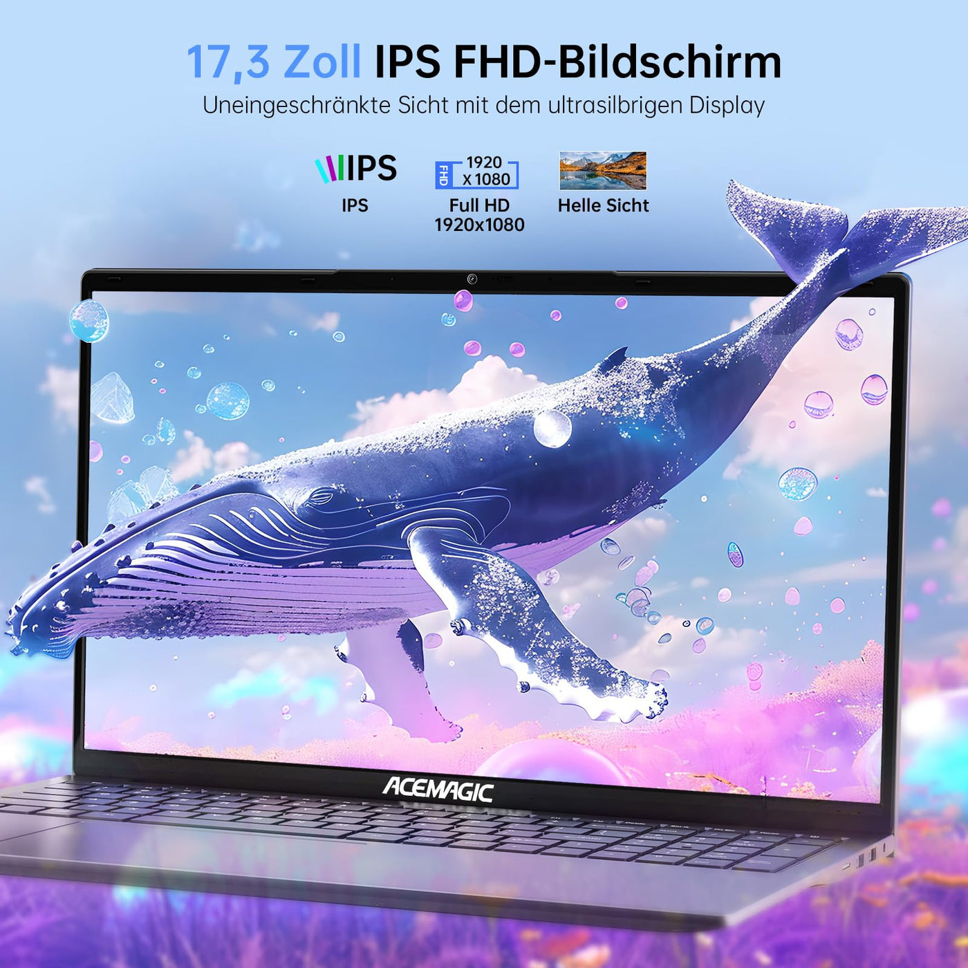 ACEMAGIC 17,3 Zoll Laptop, 16 GB DDR4 512 GB SSD, N-97 Prozessor bis zu 3,6 GHz Laptop Computer,Deutscher Tastaturschutz,WiFi,BT5.0, 3 x USB 3.2, 180° Öffnen und Schließen