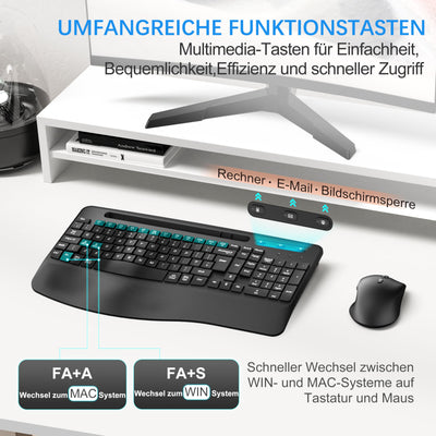 Kabelloses Ergonomisches Tastatur und Maus Set, Moojay 2,4G Wiederaufladbares Quiet Wave Tastatur und Maus Set in Voller Größe mit Handballenauflage und Telefonhalter für Laptop/PC/Mac/Windows–Schwarz