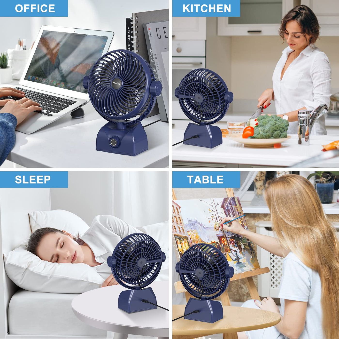 Wastou Schreibtischventilator, wiederaufladbarer USB-Tischventilator, tragbarer Turmventilator mit 10000 mAh, drehbarer Kopf, leiser Lüfter für Schlafzimmer, Büro und Desktop
