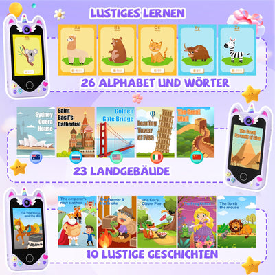 Kinder Handy Smartphone Mädchen Geschenke - Weihnachten Geburtstag Geschenke ab 3 4 5 6 Jahre Mädchen, Kinderhandy Spielzeug mit Touchscreen, Dual-Kameras, Lernen, Musik-Player (Lila)