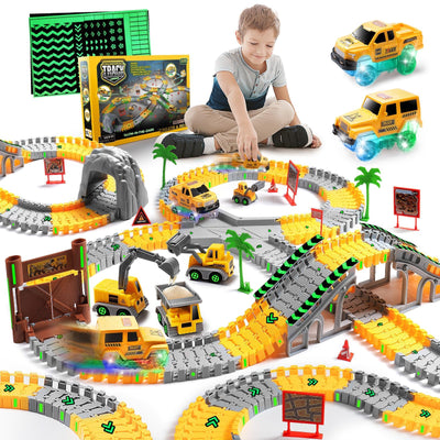 Autorennbahn ab 3 4 5 6 7 8 Jahre, 264 Stück 5 Cars Bagger Spielzeug Autorennbahn Rennbahn 2 Glow Elektroautos,3 Bauwagen,Flexibles DIY Gleis-Set Flexible Track Kran Spiele