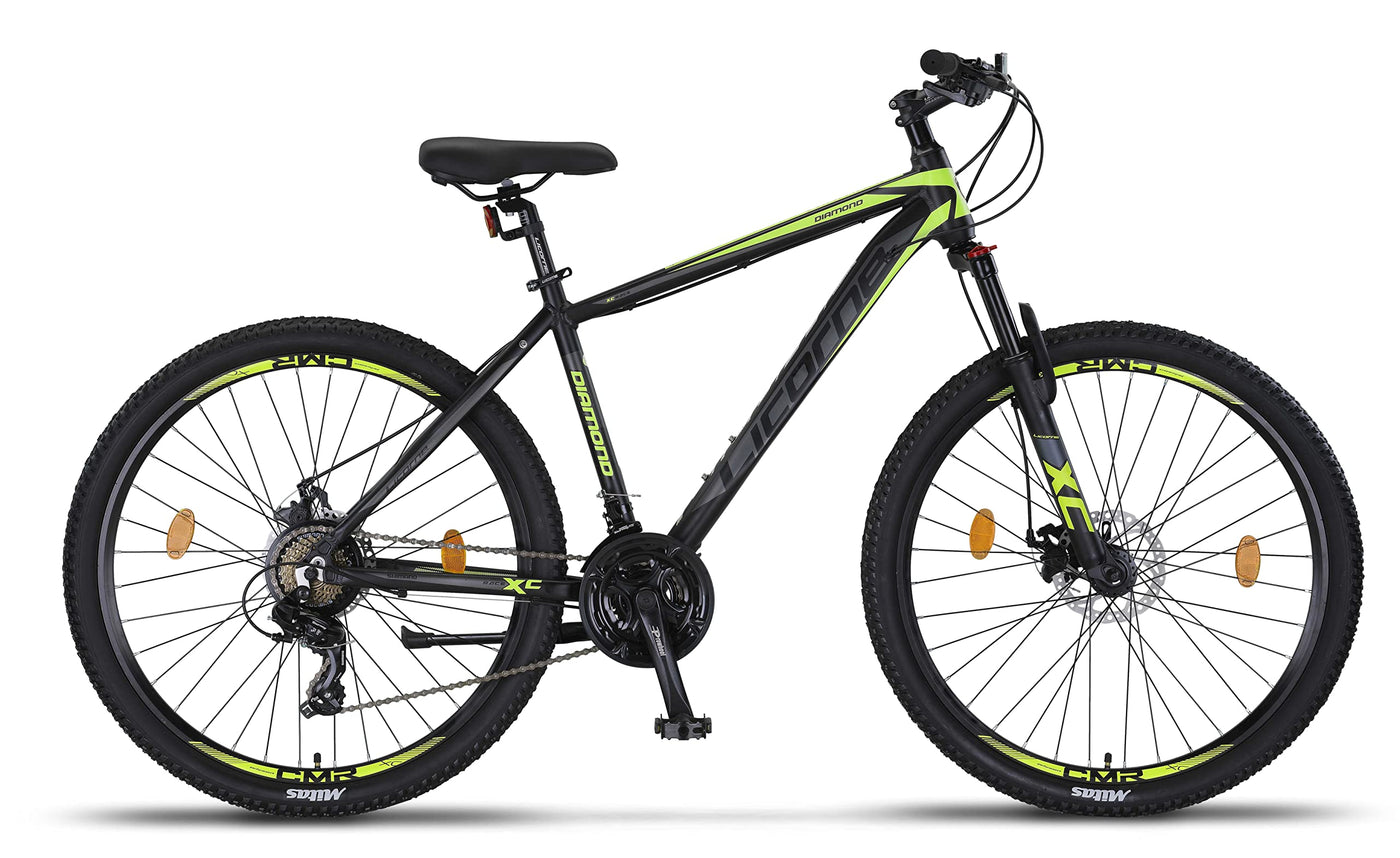 Licorne Bike Diamond Premium Mountainbike Aluminium, Fahrrad für Jungen, Mädchen, Herren und Damen - 21 Gang-Schaltung - Scheibenbremse Herrenrad – einstellbare Vordergabel (27.5, Schwarz-Lime)