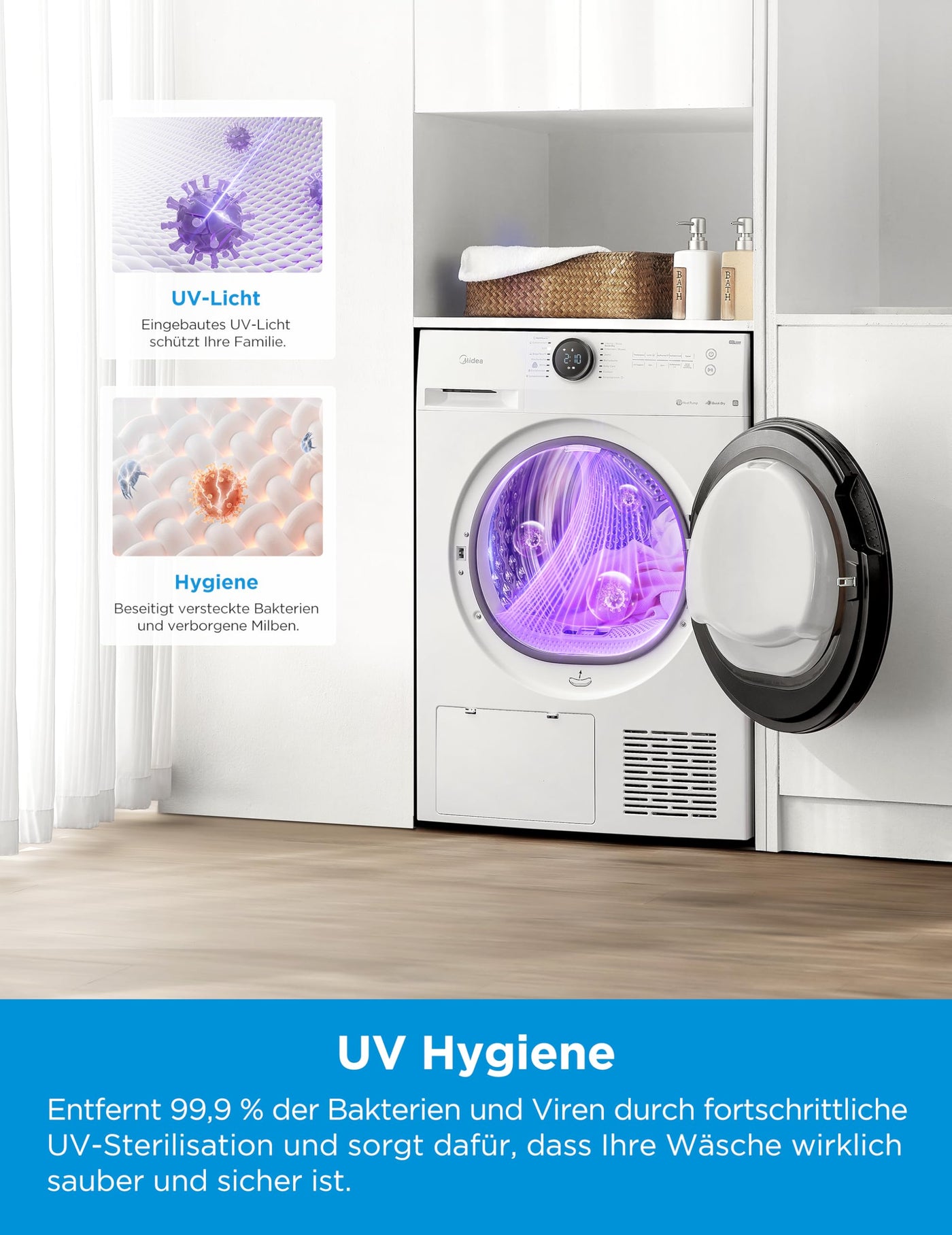 Midea MD20EH80WB-A3 Wärmepumpentrockner/ 8 kg/EEK A+++ / UV Hygience/Knitterschutz/Sanfte Pflege/Auto Dry/Wollpflege/Auffrischen/Fernsteuerung/Startzeitvorwahl/Weiß