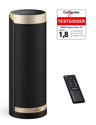 Dreo Heizlüfter Energiesparend, PTC Keramik Heizlüfte Leise, 70° Oszillierend Elektroheizung mit Fernbedienung, 12-Std-Timer, 3 Modus 3 Geschwindigkeit, Überhitzungs-Kippschutz, Solaris Slim H3