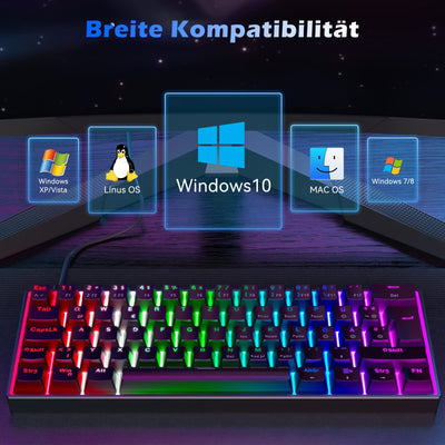 TECURS Mechanische Gaming Tastatur, Mechanische Tastatur 60 Prozent QWERTZ Rote Schalter für PC Gamer und Arbeits, 61 Tasten Kabelgebundene Tastatur für PC Windows/PS5/PS4, Schwarz