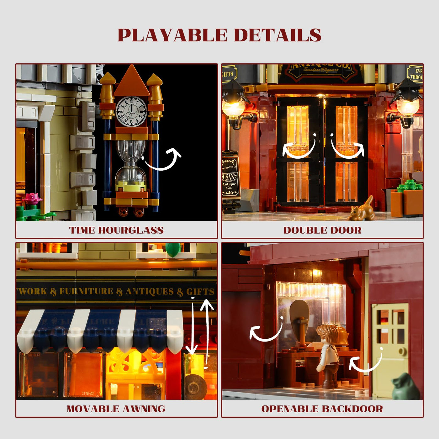 Funwhole Antiquitätengeschäft Beleuchtung Bausteinset - Stadtleben Eckladen LED-Licht Baukasten Modellset 2847 Stücke für Erwachsene und Jugendliche,F9033