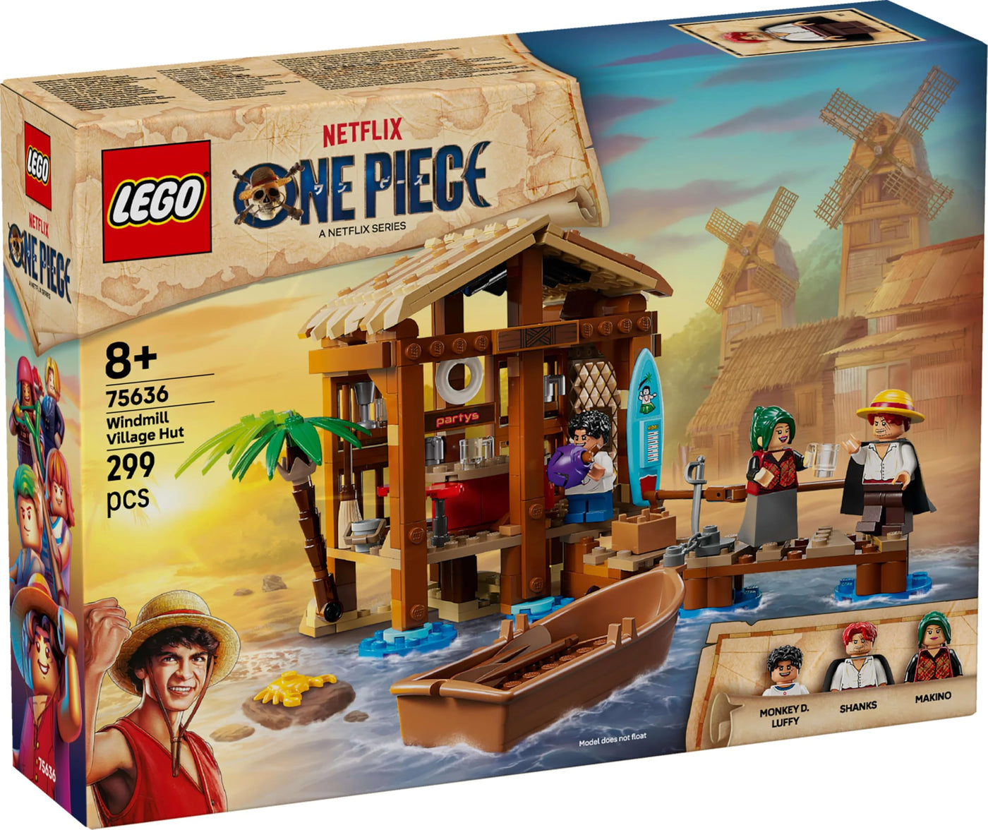 LEGO ONE Piece Windmühlendorf-Hütte - Spielzeug mit Boot, Jungen Ruffy, Shanks & Makino Minifiguren sowie Zubehör - inkl. Steckbrief - Anime-Geschenk für Jungen, Mädchen & Fans ab 8 Jahren - 75636