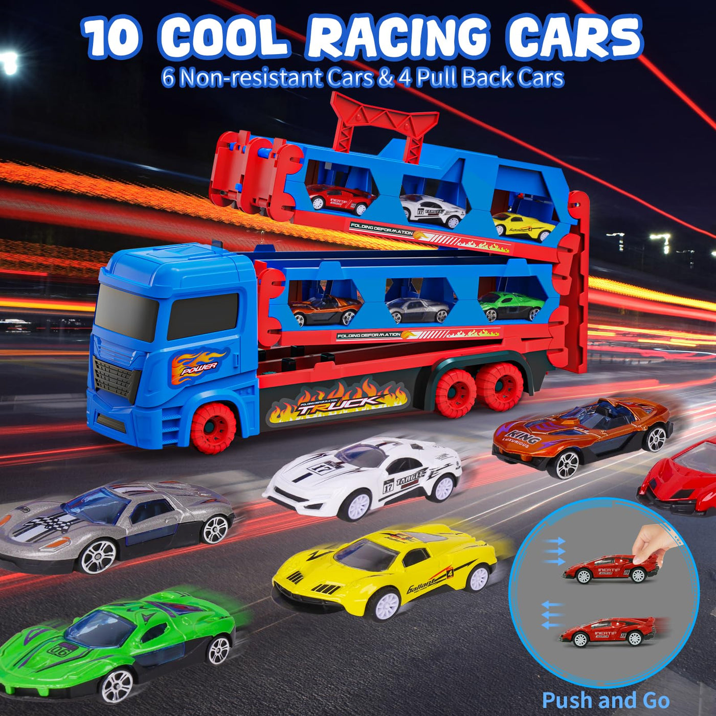 maysida Transport Truck Spielzeugautos für Jungen 3, 4, 5, 6 Jahren, 165cm&Faltbare Rennbahn Truck mit 10 Autos Spielzeug-4 Rückziehautos&6 Rennautos, Transporter Spielzeug-Kinder Geschenke für jungen