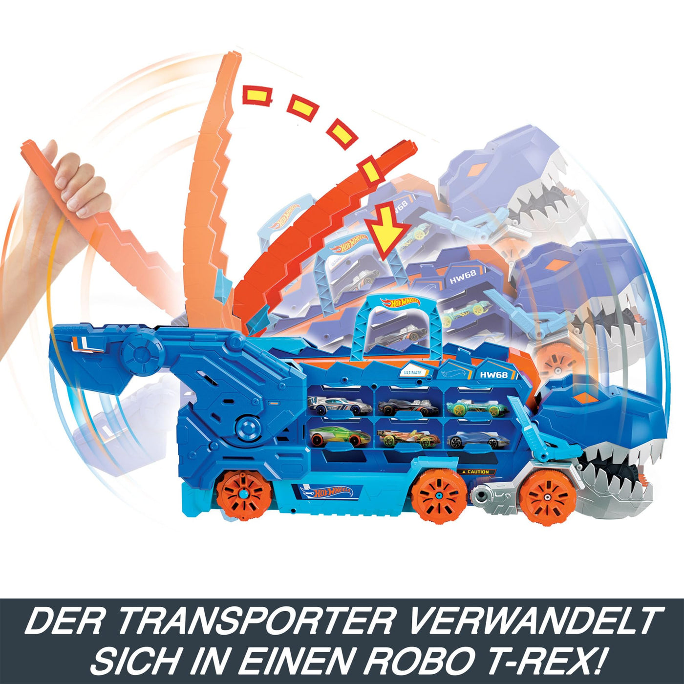 Hot Wheels Let's Race Netflix -2:1 Transporter zu T-Rex mit inkl. Autorennbahn, mit Beleuchtung und Geräuschen, inkl. 2 Spielzeugautos, Platz für 20 Autos, Hot Wheels Dino, Spielzeug ab 4 Jahre, HNG50