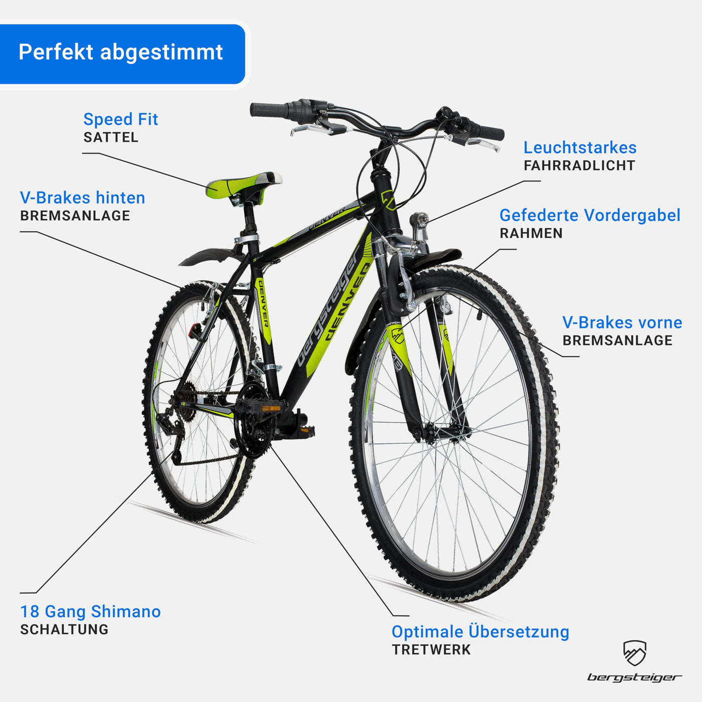 Bergsteiger Denver 26 Zoll Mountainbike, geeignet ab 155 cm, 18 Gang-Schaltung, Licht, Schutzblech, Gabel-Federung