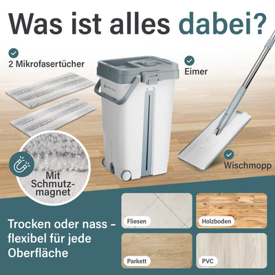 SWIPE PRO Wischmopp Set mit Eimer [ROLLENFUNKTION] - 2 Kammer-System - ABFLUSSVENTILE - einfache Auswringfunktion - 2 Stück waschbare Microfaserpads - für Jede Bodenart - Jetzt Bilder ansehen!