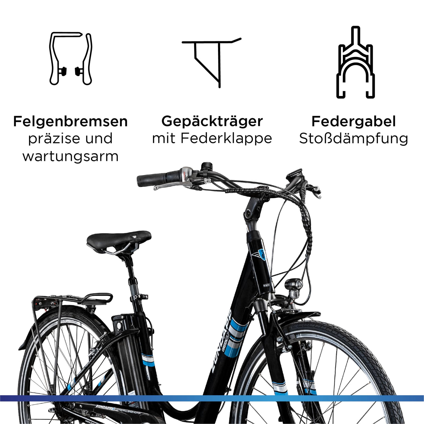 ZÜNDAPP E Bike City 28 Zoll | Elektro Fahrrad für 150-175 cm | 7 Gang Ebike Vorderrad Motor | E-Bike Elektrofahrrad mit Beleuchtung | Retro Hollandrad Green 3.7 (schwarz/blau, 48 cm)