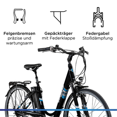 ZÜNDAPP E Bike City 28 Zoll | Elektro Fahrrad für 150-175 cm | 7 Gang Ebike Vorderrad Motor | E-Bike Elektrofahrrad mit Beleuchtung | Retro Hollandrad Green 3.7 (schwarz/blau, 48 cm)