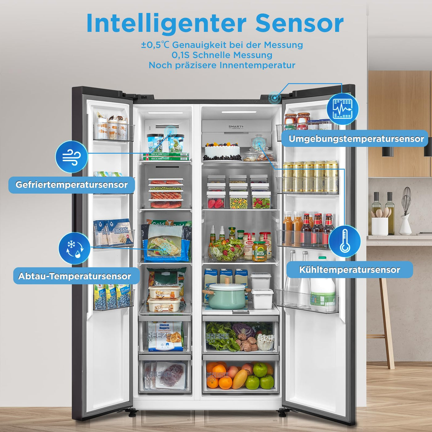 Midea MDRS791MYA46 Side-by-Side Kühl-/Gefrierkombination/No Frost/Inverter Compressor/176,5 cm hoch/379 L Kühlen/213 L Gefrieren/Doppelte Steuerung/SuperCool/LED-Beleuchtung/35dB/Rostfreier Stahl