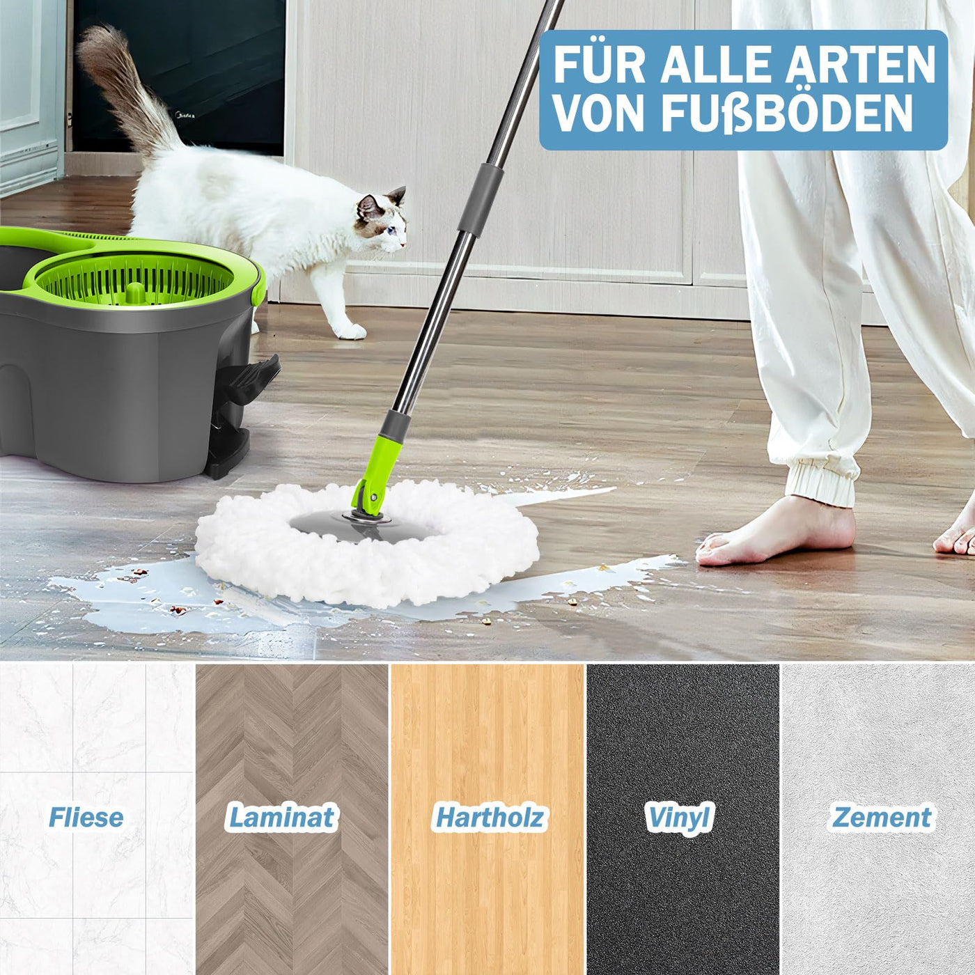 Wischmopp Set mit Eimer, Masthome 2-in-1 Bodenwischer Komplett Set mit 3 Mikrofaser-Pads, Wischmopp mit Verstellbarer Edelstahlstiel (100-128cm),Putzeimer mit Wischmopp für Laminat(Grün)