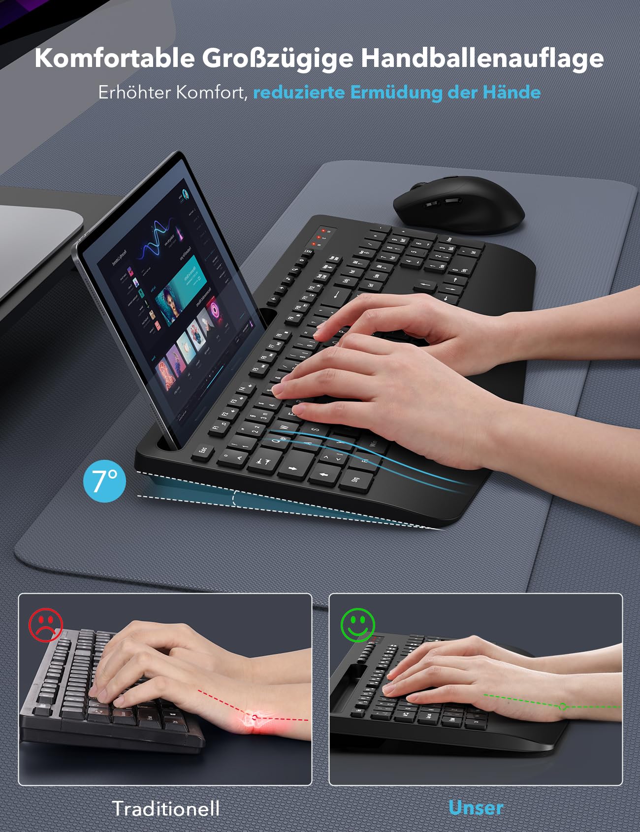 Tastatur Maus Set Kabellos, Ergonomische Tastatur in Voller Größe mit Handgelenkauflage, Telefonhalter, Schlafmodus, Leise 2,4 GHz kabellose Tastatur und Maus für Mac, Windows, Computer, Laptop, PC