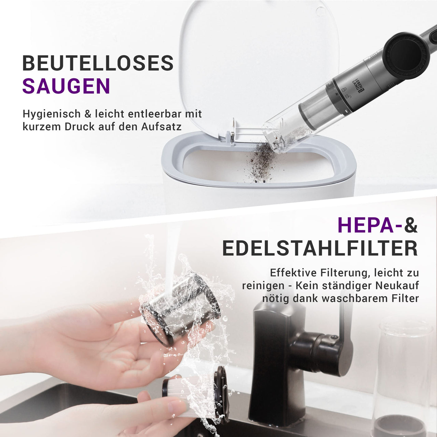 LEBENLANG Kabelloser Handstaubsauger Akku 17000PA I TESTSIEGER I Inkl. Starker LI-Akku & Standhalterung mit Ladefunktion I Auto Staubsauger Handsauger beutellos Tierhaare Hand Handheld Vacuum Cleaner