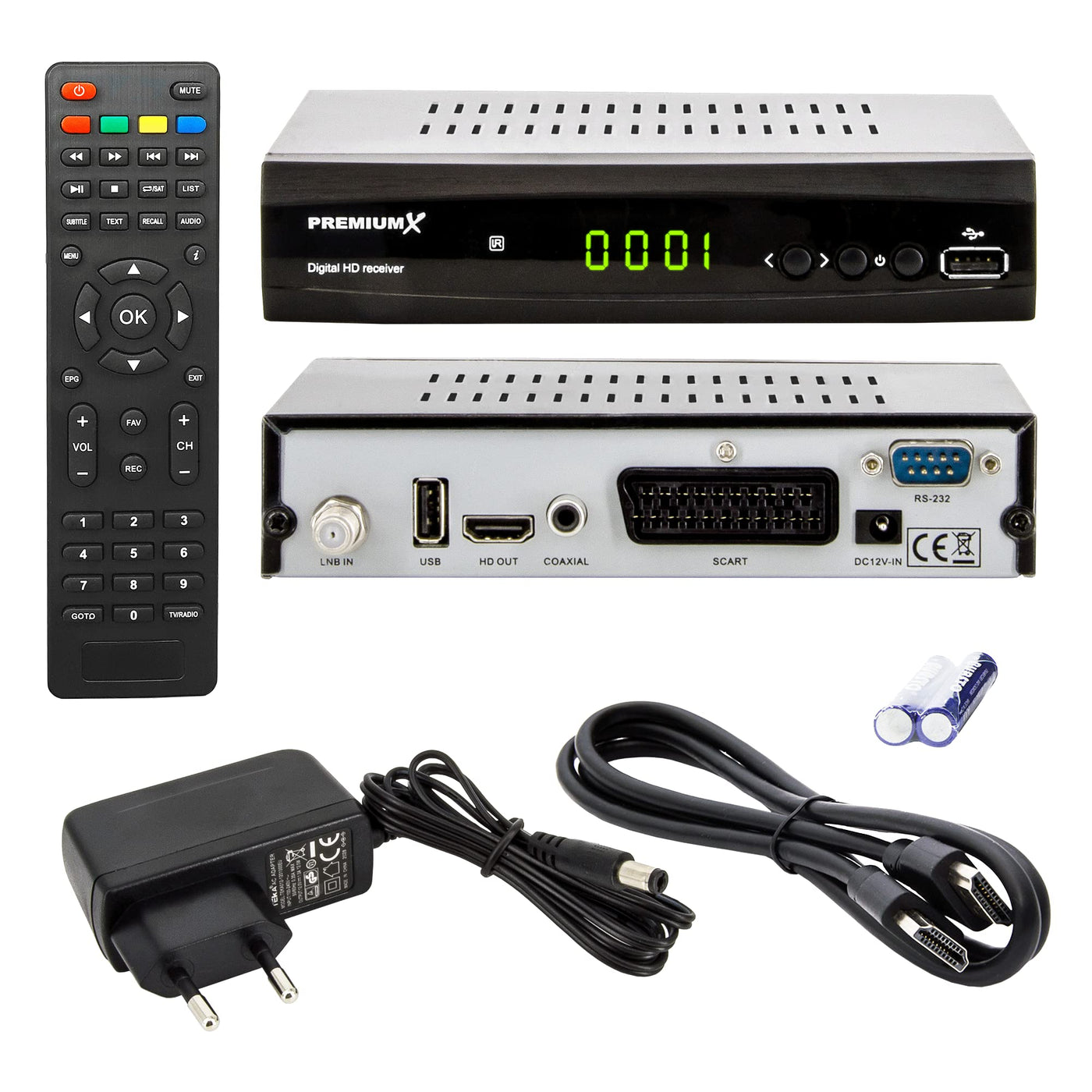 PremiumX Satelliten-Receiver HD 521 FTA Digital SAT TV-Receiver DVB-S2 FullHD HDMI SCART 2X USB Multimedia-Player, 12V Externe Netzteil