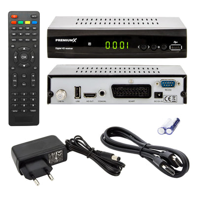 PremiumX Satelliten-Receiver HD 521 FTA Digital SAT TV-Receiver DVB-S2 FullHD HDMI SCART 2X USB Multimedia-Player, 12V Externe Netzteil