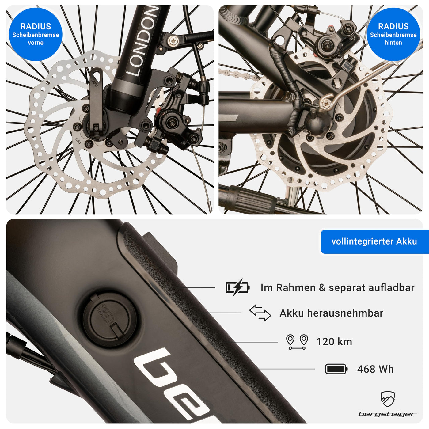 Bergsteiger London 20 Zoll E-Bike Klapprad mit 250 Watt Motor, Scheibenbremsen, Aluminium Ebike für Damen & Herren, Farbdisplay, Elektrofahrrad mit 7 Gang-Schaltung