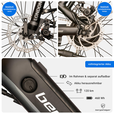 Bergsteiger London 20 Zoll E-Bike Klapprad mit 250 Watt Motor, Scheibenbremsen, Aluminium Ebike für Damen & Herren, Farbdisplay, Elektrofahrrad mit 7 Gang-Schaltung