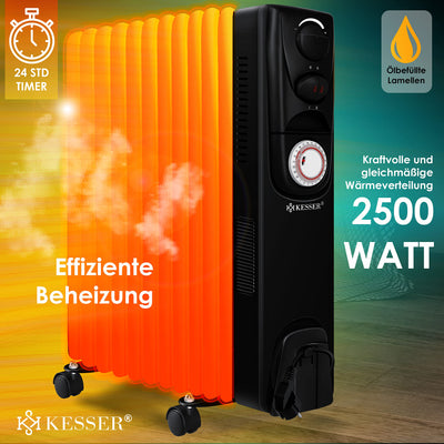 KESSER® Ölradiator Elektrische Heizung mit 13 Rippen 2500W Öl Radiator Elektroheizung Mobil Timer Lüfter Abschaltautomatik stufenlose Temperaturregelung Überhitzungsschutz, Zwangsluft Schwarz