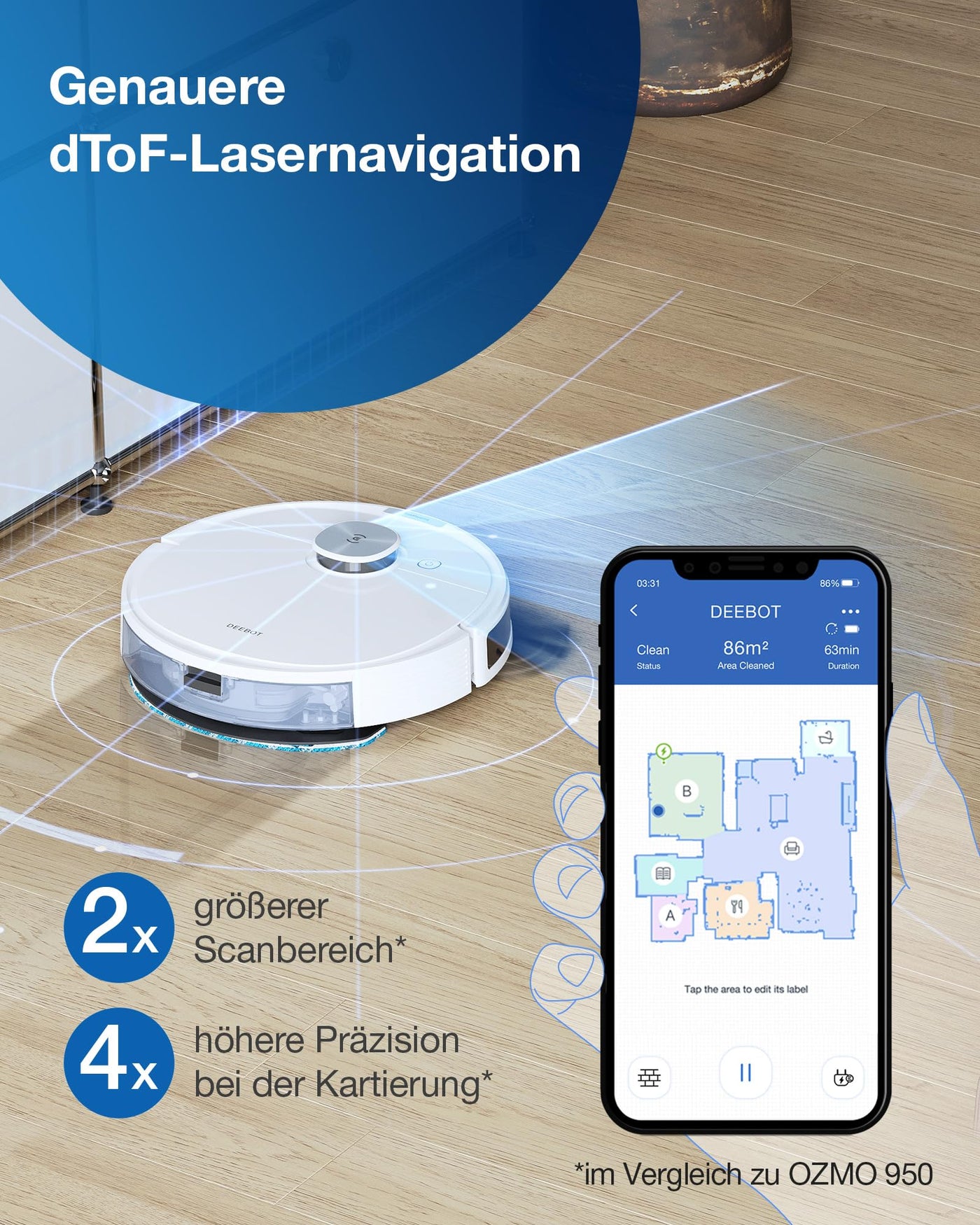 ECOVACS DEEBOT N10 PLUS Staubsaugerroboter mit Wischmopp 4300Pa, Auto-Absaugstation, bis zu 300 min/400 m², TrueMapping 2.0 dToF Laser Navigation, Teppich-Erkennung, individuelle Reinigung nach Zonen