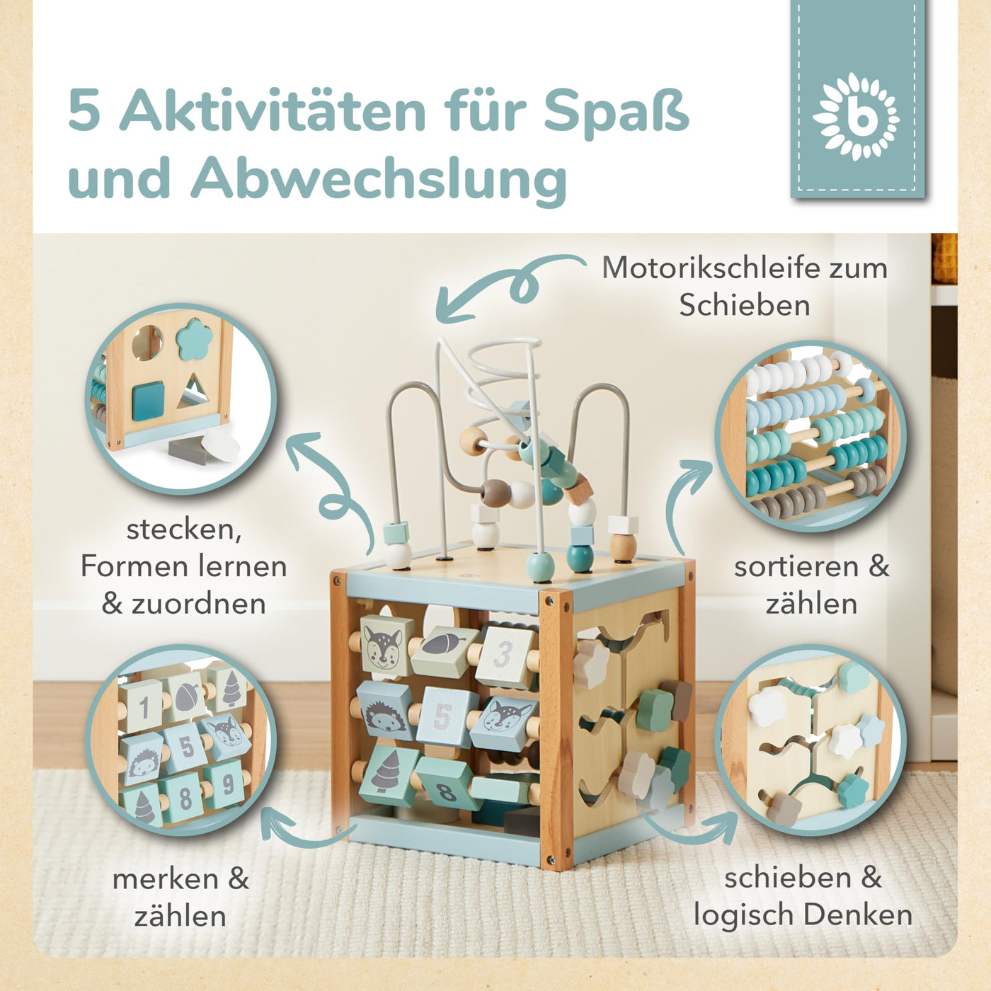 Bieco Motorikwürfel Scandi-Chic nachhaltiges Holz FSC® | Motorikspielzeug ab 1 Jahr | Activity Center Baby Spielzeug 1 Jahr | Motorikwürfel Holz | holzspielzeug ab 1 Jahr motorikschleife ab