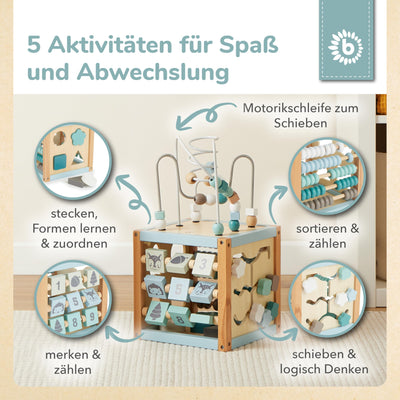 Bieco Motorikwürfel Scandi-Chic nachhaltiges Holz FSC® | Motorikspielzeug ab 1 Jahr | Activity Center Baby Spielzeug 1 Jahr | Motorikwürfel Holz | holzspielzeug ab 1 Jahr motorikschleife ab