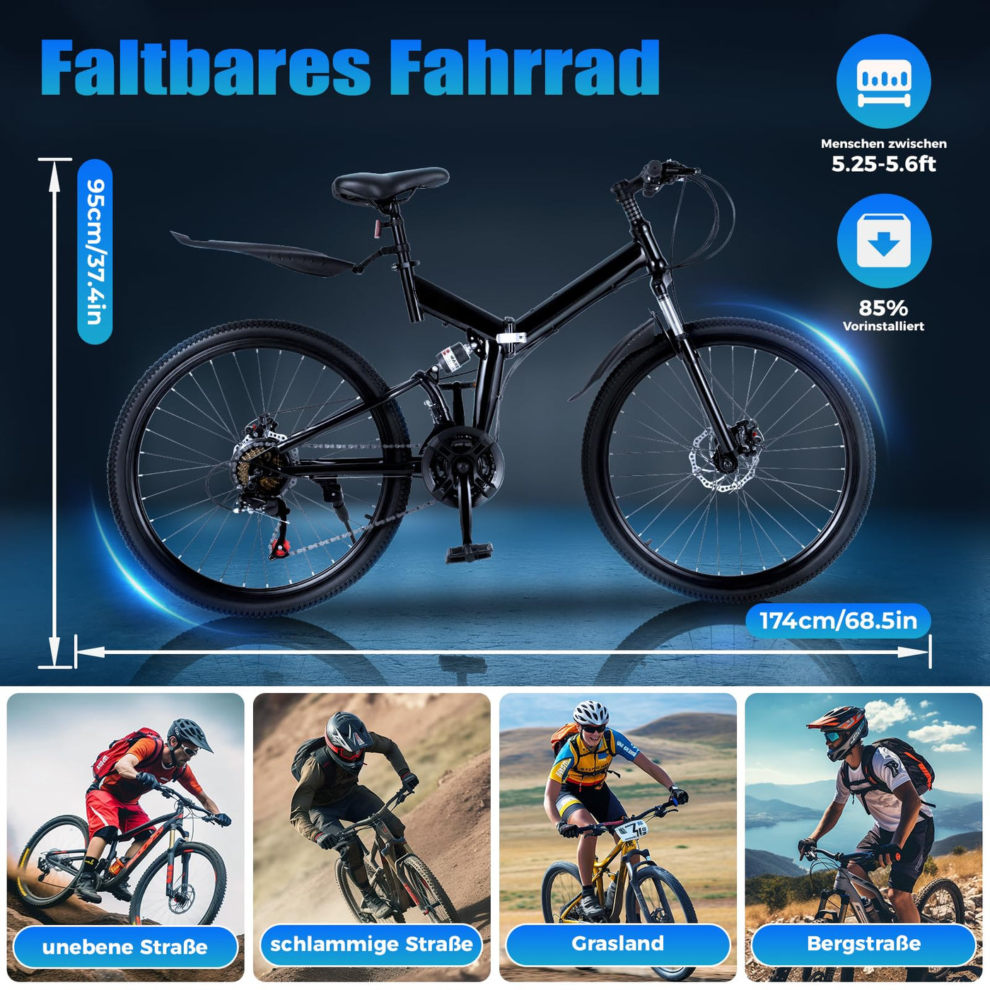 Charocean Mountainbike 26 Zoll Fahrrad Herren Fahrräder 21 Gang-Schaltung Mountain Bike Vollfederung Klapprad mit Scheibenbremse, Fahrrad für Jungen Herren und Damen