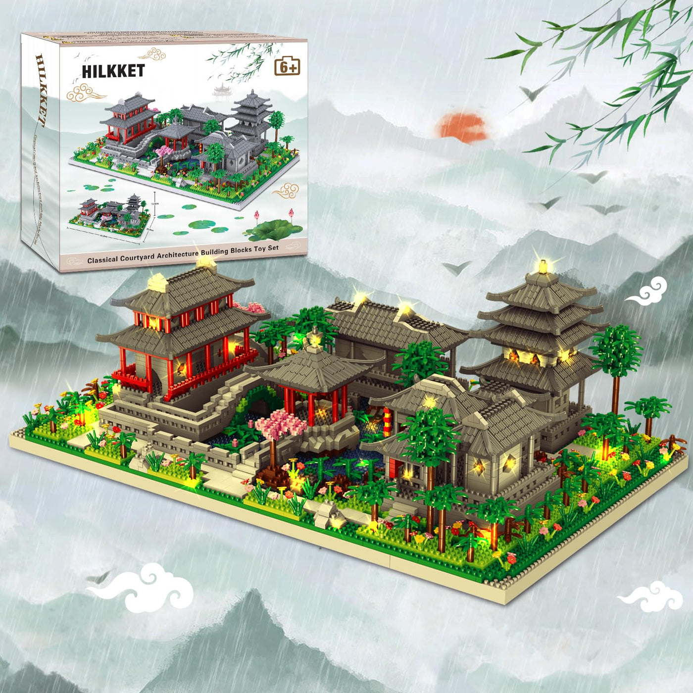 Suzhou Garden Baumhaus Bauklötze Kit, 3930 Teile Chinesische Architecture Suzhou Bauspielzeugsets mit Lichterkette, Suzhou Garden Haus Deko Modell, Klemmbausteine Building Blocks für Erwachsene Kinder