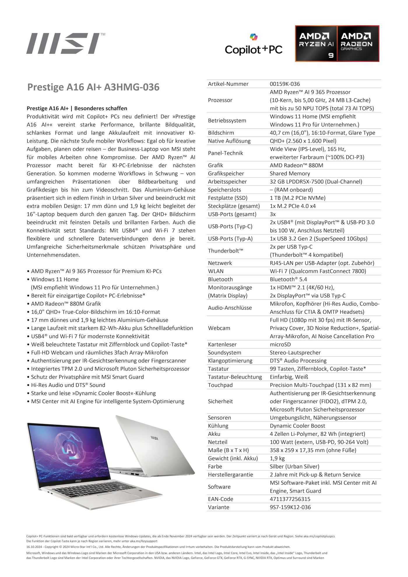 MSI Prestige A16 AI+, Business Laptop, Copilot+ PC, 16,0" QHD+, AMD Ryzen AI 9 365 Prozessor, 32 GB LPDDR5X-7500 RAM, 1 TB, AMD Radeon 880M, Windows 11 Home, QWERTZ Tastatur, A3HMG-036