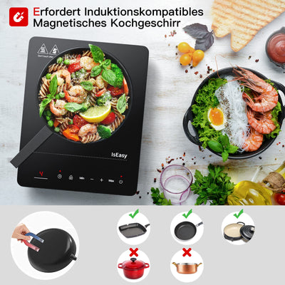 Induktionskochplatte, IsEasy Tragbares Induktionskochfeld 2100W,28cm Induction Hotplates, Kochfelder mit Stecker, 9 Heizstufen, 1-99Min Timer, Touch-Steuerung, Max/Min-Funktion, 220-240V