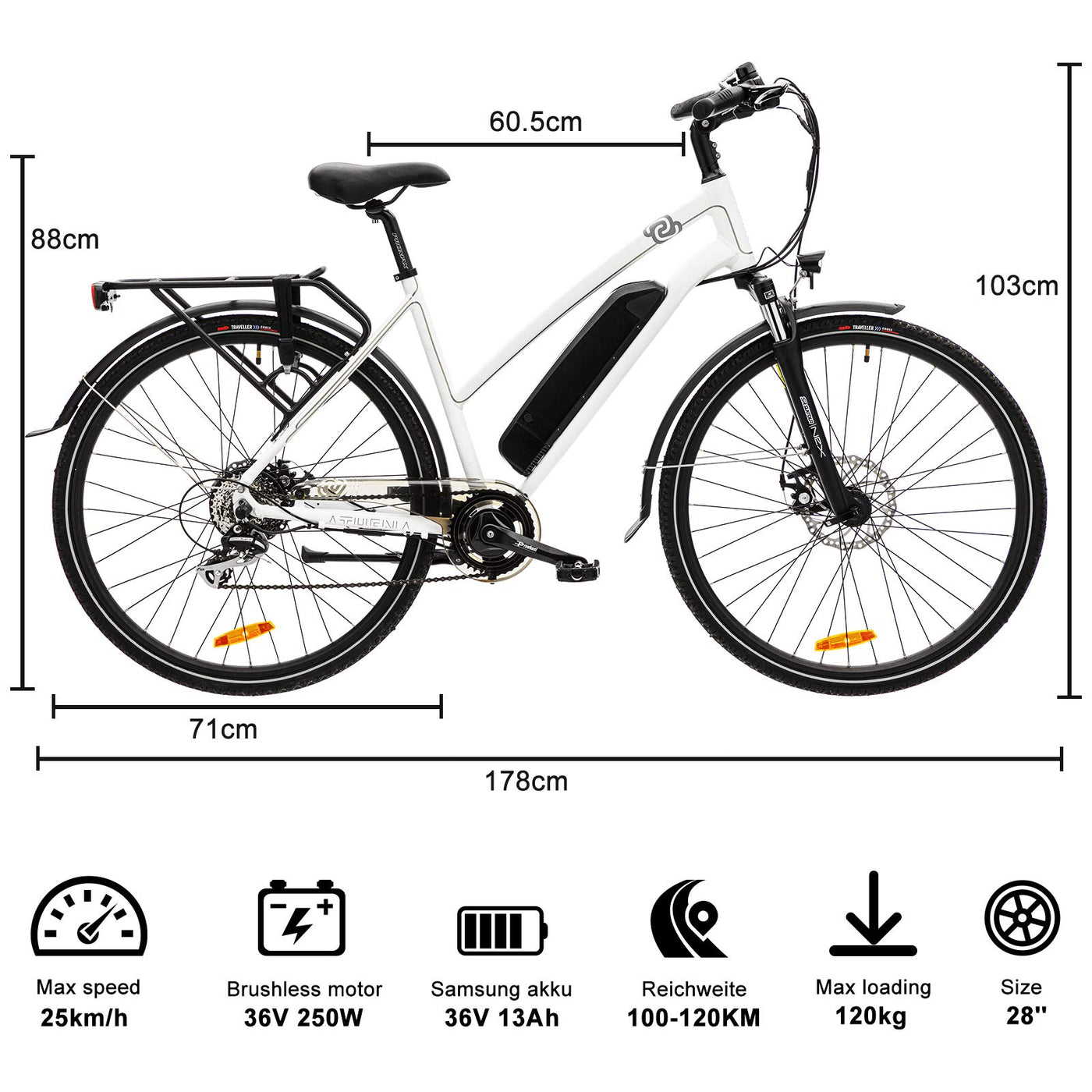 VecoCraft Elektrofahrrad E Bike Athena, Trekking Pedelec für Damen Herren, 28 Zoll Urban Citybike, mit 36V 250W 13Ah Akku 25km/h 100km, Shimano 8-Gang Electric Bike, Weiss