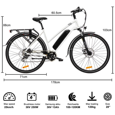 VecoCraft Elektrofahrrad E Bike Athena, Trekking Pedelec für Damen Herren, 28 Zoll Urban Citybike, mit 36V 250W 13Ah Akku 25km/h 100km, Shimano 8-Gang Electric Bike, Weiss