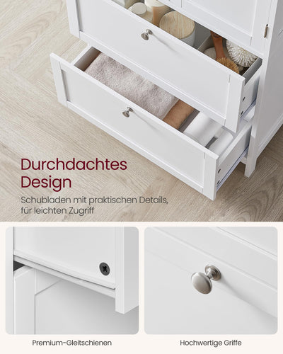 VASAGLE Badezimmerschrank, Badschrank, Küchenschrank, Aufbewahrungsschrank mit 2 Türen und 2 Schubladen, verstellbare Ablage, 30 x 60 x 110 cm, klassikweiß BBC551P31